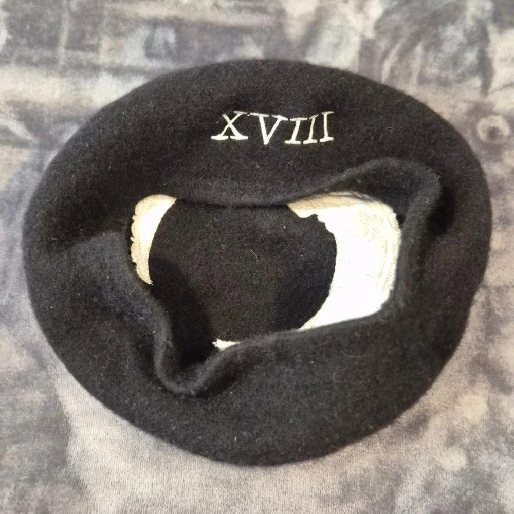 Black Wool Beret Embroidered Crescent Moon XVIII Roman Numeral Gothic Celestial